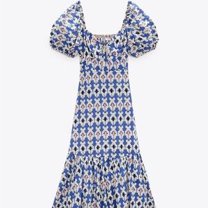 Zara Floral Puff Sleeve Dress - Blue and Pink